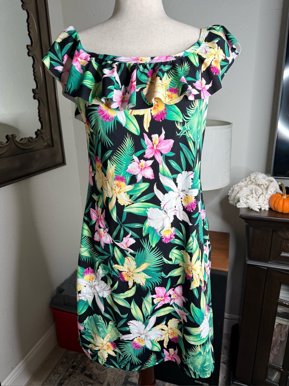 Tommy Bahama Tropical Floral Ruffle Off-Shoulder Shift Dress Med Resort Coastal